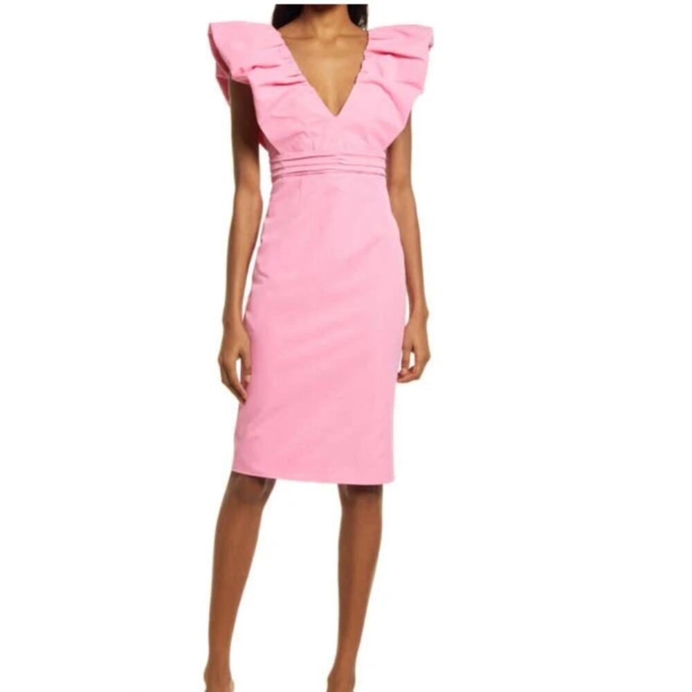 Elle Zeitoune Delila Ruffle Shoulder Sheath‎ Dress Pink Sleeveless Midi Medium